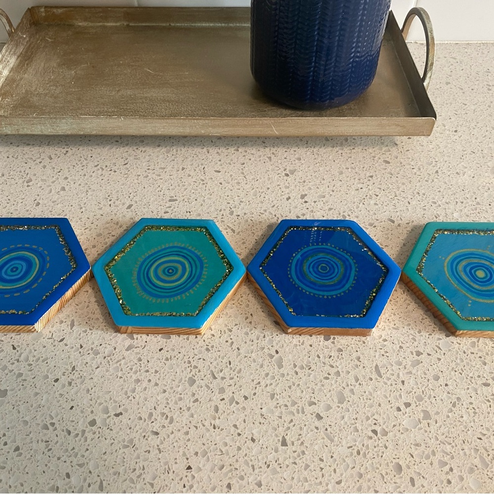 Handmade Hexagon Resin Evil Eye Coaster Set in Blue & Teal with Gold Accents - Picture 2 of 5